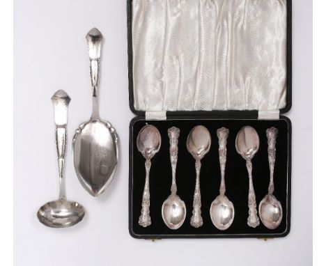 A DANISH ARTS & CRAFTS SAUCE LADLE stamped F. Hingelberg, marks for 1925; a similar cake slice; and a set of six teaspoons wi