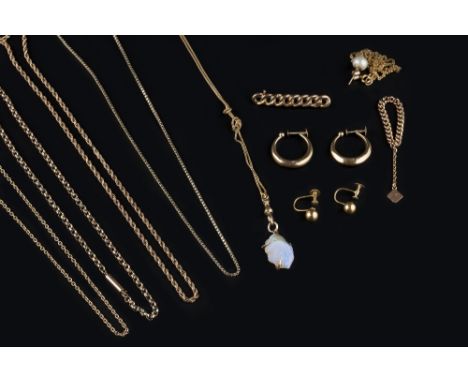 A COLLECTION OF JEWELLERY, to include a box-link long chain, a free form opal pendant, suspended from a plaited-link chain, f