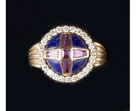A VARI GEM-SET PANEL RING, the circular convex panel centred with a tapered baguette and step-cut cross of pink gemstones, to