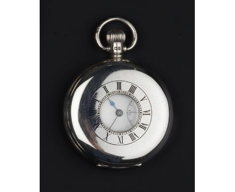 A SILVER HALF HUNTER POCKET WATCH, the white enamel dial with Roman numerals and subsidiary seconds dial, to Swiss movement a