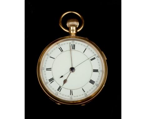 AN 18CT GOLD OPEN FACE POCKET WATCH, the white enamel dial with Roman numerals, centre seconds hand and outer scale 0-60, to 