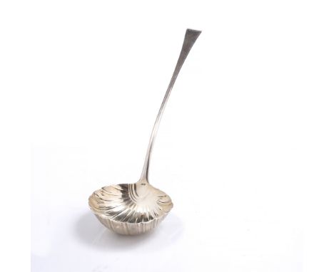 A GEORGE III SILVER OLD ENGLISH PATTERN SOUP LADLE, with scalloped bowl by John Lampfert, London 1770 (?), the handle engrave