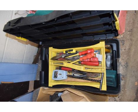 Black plastic tool box and contents