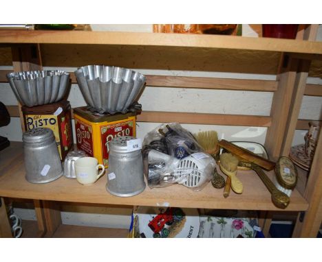 Mixed Lot: Assorted items to include various dressing table brushes, mirrors, kitchen moulds, flour sifter, card dryers etc