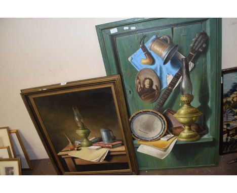 R J Wardley, two large still life studies of various objects, oil on canvas, framed