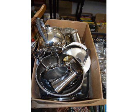 One box of various steel and silver plated kitchen wares, punch bowl with ladle and other assorted items