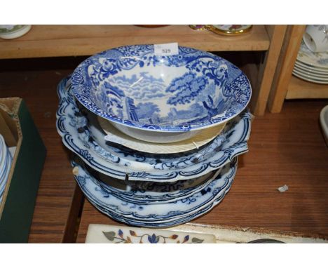 Mixed Lot: Various Victorian Flow Blue dinner plates, serving dish, Copeland Spode Italian bowl etc