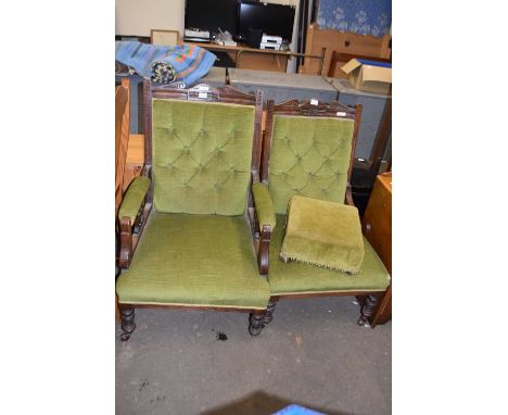 Late Victorian button upholstered gents armchair and matching nursing chair plus a unrelated footstool (3)