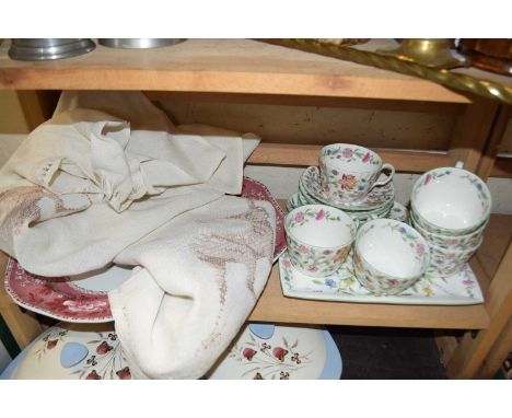 Quantity of ceramics to include Minton Haddon Hall tea wares, Spode Camilla meat plate and further embroidered table cloths