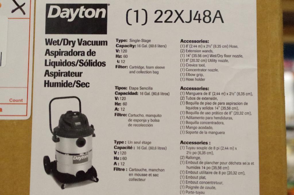 NEW DAYTON Wet/Dry Vacuum, 16Gallon, Contractor Grade, 12 Amp Standard