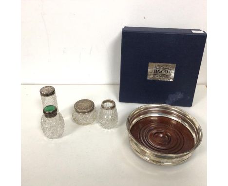 A B &amp; Co. Birmingham silver coaster, with wooden base and original box (4.5cm x 14cm), and an Edwardian toiletry set all 