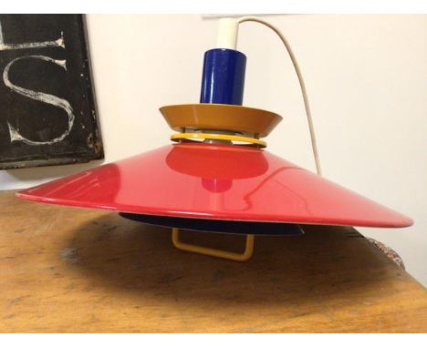 A Danish pendant light with broad red funnel shade (30cm x 44cm)