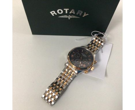 A gentleman's Rotary quartz stainless steel and rose coloured metal Chronograph with rose coloured bezel and metal strap, wit