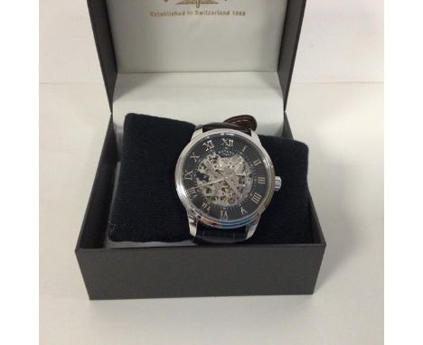 A gentleman's stainless steel Rotary wristwatch with visible escapement, with black dial and roman numerals, quartz movement,