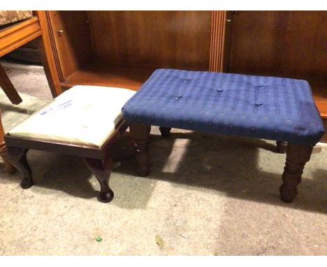 A 1940s footstool with button upholstered top on turned supports (26cm x 50cm x 34cm) and another stool (2)