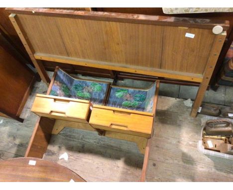 A mid century teak headboard with two matching bedside cabinets, with raised stained glass panels by Chris Simpson, fitted si