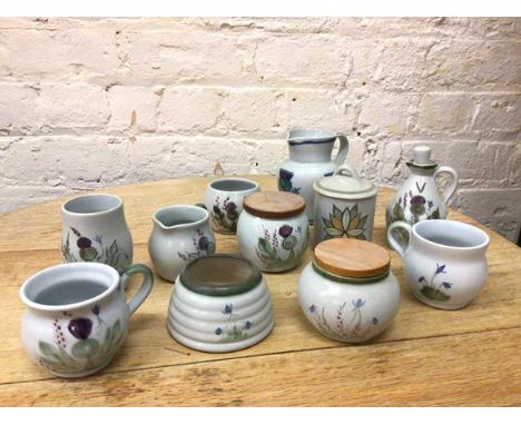 A group of Buchan stoneware, all with light blue ground, most with thistle decoration, including jugs, preserve pots etc. (la