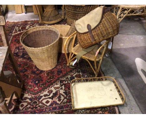 A collection of vintage wicker ware including a creel with canvas flap (26cm x 38cm x 15cm), a child's chair, a bathroom shel