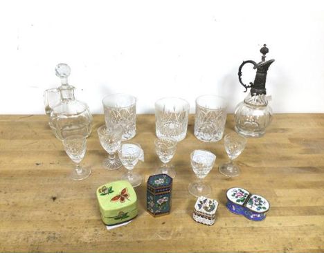 A mixed lot including three whisky glasses, a glass cruet (17cm), a further cruet with metal top and handle, cloisonne boxes 