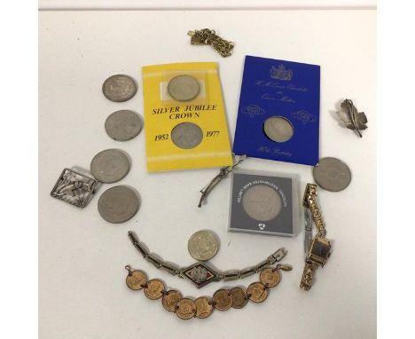 A mixed lot including a collection of Commemorative coins, a Titus lady's wristwatch, silver badges, bracelets etc. (a lot)