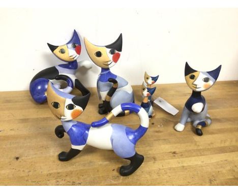A group of six abstract style ceramic cats, all stamped Goebel to base and inscribed Rosina Wachtmeister (one a/f) (tallest: 