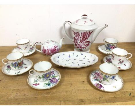 A set of six Limoges tea cups (6.5cm) with saucers, with floral and insect decoration, and a Swiss coffee pot, small teapot a