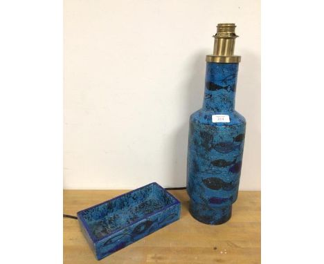 A 1960s/70s ceramic table lamp of bottle form with blue ground and stylised fish decoration (50cm) and a small trough with si