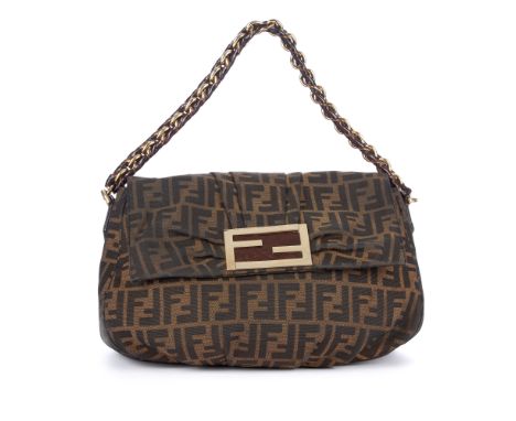 Fendi, a Mia Flap handbag, crafted from the maker's signature zucca canvas with gathered detailing and polished gold-tone har