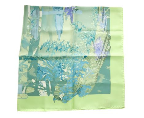 Salvatore Ferragamo, a silk scarf, featuring a floral and exotic bird motif in pastel and mint green hues, measuring 90 by 90