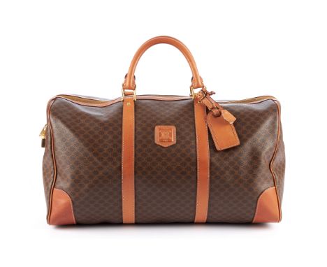 Celine, a vintage holdall travel bag, crafted from macadam coated canvas with tan leather trim, rolled leather handles, top z