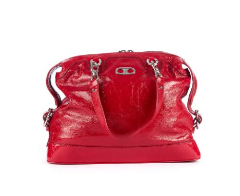 Celine, a red patent leather handbag, featuring silver-tone metal hardware, dual leather shoulder straps, double top zip fast