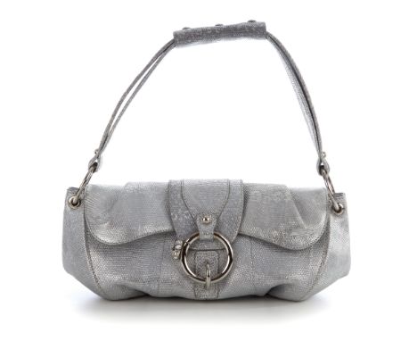 Tod's, a textured silver leather handbag, featuring a lizard embossed leather exterior, with polished silver-tone hardware, s
