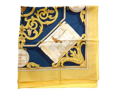 Hermes, a L'Auberge du Cheval Blanc silk scarf, the yellow and blue coloured scarf, designed by Marie Francoise Heron and fir
