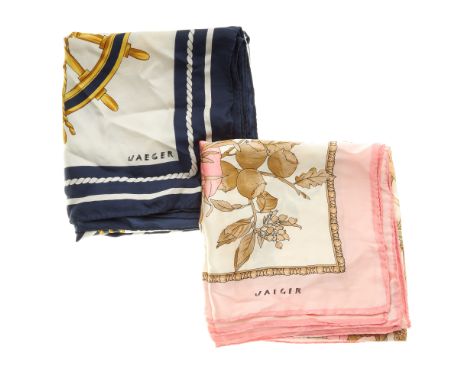 Jaeger, four silk scarves, two include a pink and white floral scarf and a white a blue nautical scarf with gold accents, tog