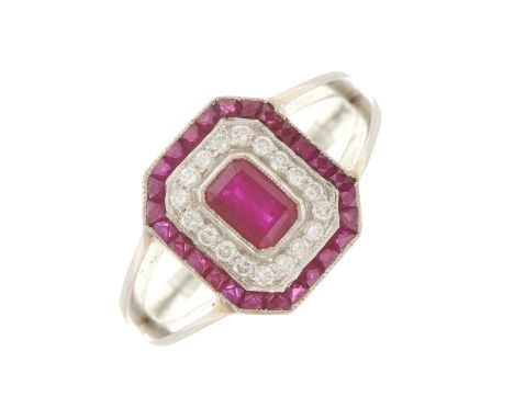An 18ct gold ruby and brilliant-cut diamond cluster dress ring, with pierced gallery and openwork shoulders, estimated total 