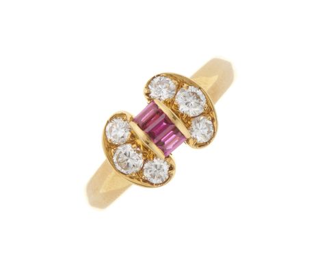 Van Cleef & Arpels, an 18ct gold brilliant-cut diamond and calibre-cut ruby bow ring, with grooved and tapered band, signed V