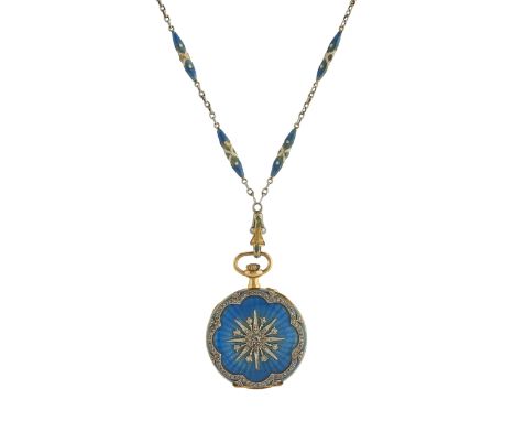 A late 19th century 18ct gold pocket watch, with rose-cut diamond and blue guilloche enamel reverse, suspended from a platinu