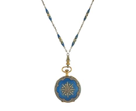 A late 19th century 18ct gold pocket watch, with rose-cut diamond and blue guilloche enamel reverse, suspended from a platinu