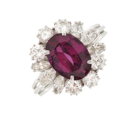 An unheated Thai ruby and vari-cut diamond cluster ring, with report from GCS, stating Thailand (Siam), no indications of hea