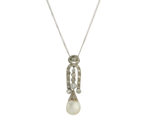 An early 20th century platinum, natural pearl and vari-cut diamond pendant, with report from GCS, stating natural, saltwater,