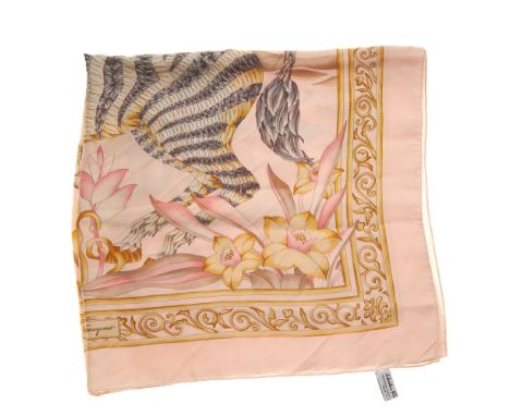 Salvatore Ferragamo, a pale pink silk scarf, featuring a zebra scene, measuring 88 by 88cmCondition- Overall good condition- 