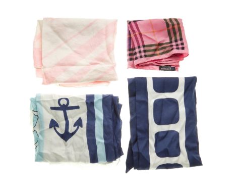 A selection of nine scarves, in a variety of colours, patterns and sizes, to include a blue and white nautical themed scarf b