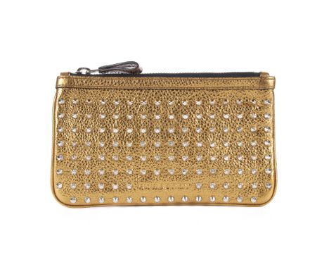 Burberry, a gold leather studded clutch, featuring silver-tone studded spike embellishments throughout and a top zip fastenin