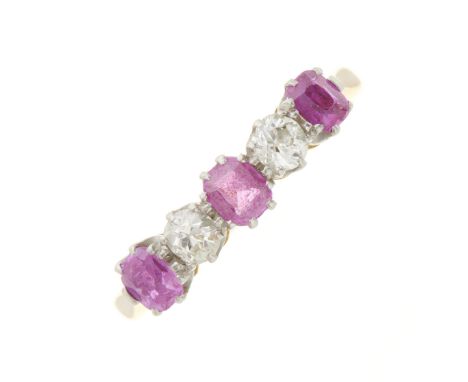 An early 20th century 18ct gold pink sapphire and old-cut diamond five-stone ring, estimated total diamond weight 0.20ct, I-J