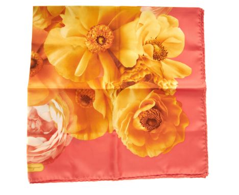 Salvatore Ferragamo, a silk scarf, featuring a pink and yellow floral design, measuring 90 by 90cmCondition- Overall very goo