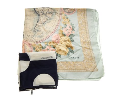 Jaeger, five silk scarves, to include a pastel coloured scarf featuring the world depicting the Americas, and a navy blue and