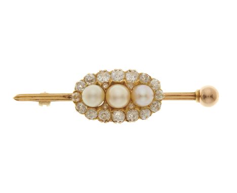 An early 20th century gold, natural pearl and old-cut diamond cluster brooch, atop a grooved bar with sphere terminal, verbal