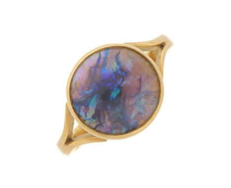 An 18ct gold black opal cabochon single-stone ring, with openwork shoulders, opal measures approximately 11.1 by 3mm, band st