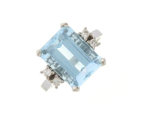 A mid 20th century platinum, rectangular-shape aquamarine single-stone dress ring, with single-cut diamond duo sides and groo