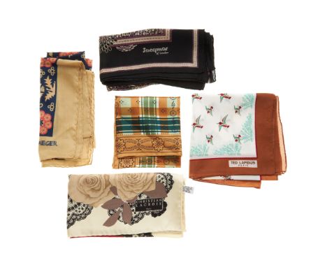 A selection of silk scarves and handkerchiefs, in a variety of colours and designs, to include a scarf by Christian Lacroix, 